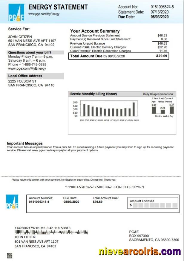 USA California PG&E electricity utility bill